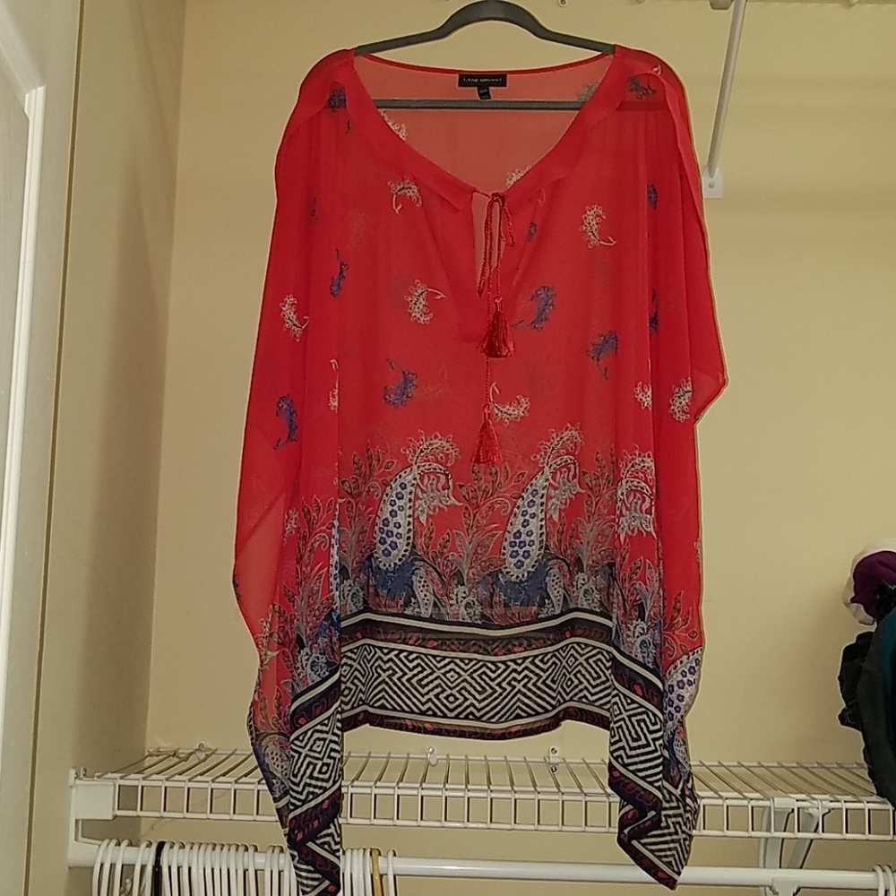 Lane Bryant Red Sheer Paisley Kaftan Blouse with Blue Accents